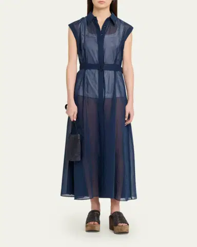 Brunello Cucinelli Sleeveless Sheer Cotton Organza Belted Midi Shirtdress | Thumbnail 2