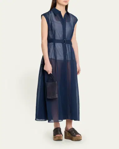 Brunello Cucinelli Sleeveless Sheer Cotton Organza Belted Midi Shirtdress | Thumbnail 4