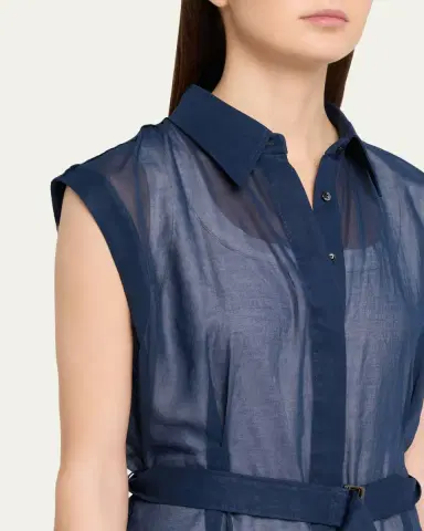 Brunello Cucinelli Sleeveless Sheer Cotton Organza Belted Midi Shirtdress | Thumbnail 5