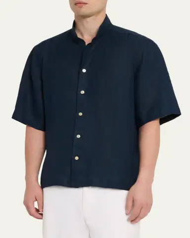 Kiton Men's Cotton Nehru-Collar Short-Sleeve Shirt | Thumbnail 4 Kiton Men's Cotton Nehru-Collar Short-Sleeve Shirt | Thumbnail 4