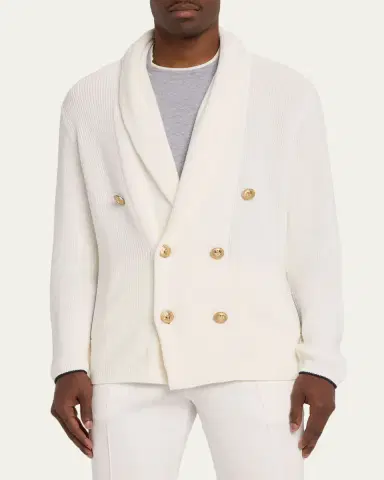 Brunello Cucinelli Men's Cotton Knit Double-Breasted Shawl Cardigan | Thumbnail 4 Brunello Cucinelli Men's Cotton Knit Double-Breasted Shawl Cardigan | Thumbnail 4