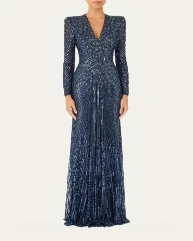 Jenny Packham Eve Embellished Strong-Shoulder Long-Sleeve Gown | Thumbnail 2