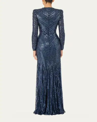 Jenny Packham Eve Embellished Strong-Shoulder Long-Sleeve Gown | Thumbnail 3