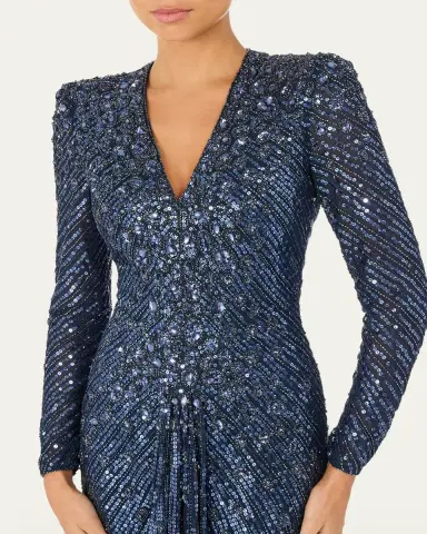Jenny Packham Eve Embellished Strong-Shoulder Long-Sleeve Gown | Thumbnail 4
