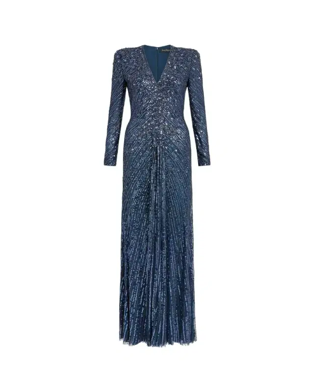 Jenny Packham Eve Embellished Strong-Shoulder Long-Sleeve Gown