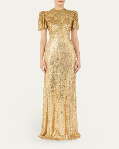 Jenny Packham Jourdain Sequined Short-Sleeve A-Line Gown | Thumbnail 2