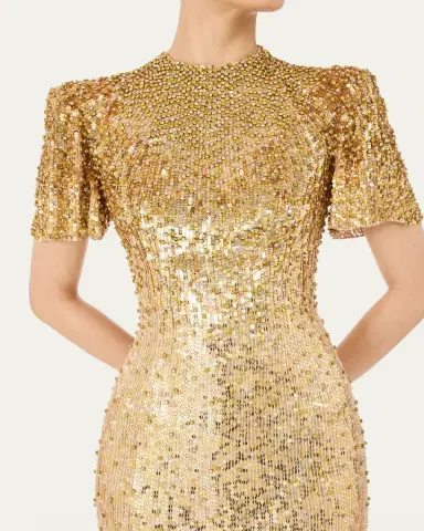 Jenny Packham Jourdain Sequined Short-Sleeve A-Line Gown | Thumbnail 4