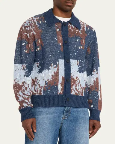 OFFICINE GÉNÉRALE Men's Multicolor Linen Blend Abstract Cardigan | Thumbnail 4