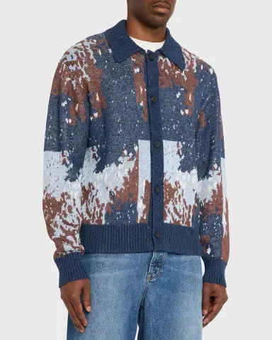 OFFICINE GÉNÉRALE Men's Multicolor Linen Blend Abstract Cardigan | Thumbnail 8