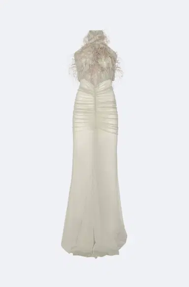 LAPOINTE Mesh Sleeveless Halter Ruched Gown With Feathers | Thumbnail 1 LAPOINTE Mesh Sleeveless Halter Ruched Gown With Feathers | Thumbnail 1