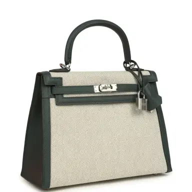 HERMÈS Hermes Kelly Sellier 25 Vert Mangrove and Ecru & Vert Amande Toile H Canvas Palladium Hardware | Thumbnail 2
