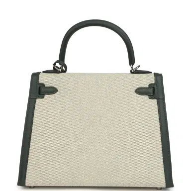 HERMÈS Hermes Kelly Sellier 25 Vert Mangrove and Ecru & Vert Amande Toile H Canvas Palladium Hardware | Thumbnail 4