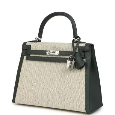 HERMÈS Hermes Kelly Sellier 25 Vert Mangrove and Ecru & Vert Amande Toile H Canvas Palladium Hardware | Thumbnail 5