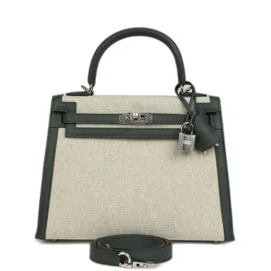 HERMÈS Hermes Kelly Sellier 25 Vert Mangrove and Ecru & Vert Amande Toile H Canvas Palladium Hardware | Thumbnail 1