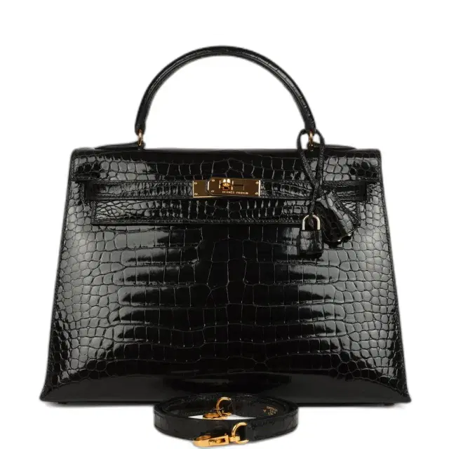 hermes Vintage Hermes Kelly Sellier 32 Black Shiny Porosus Crocodile Gold Hardware