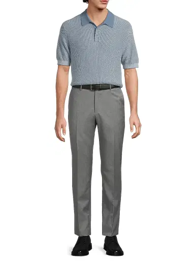Vince Men's Textured Wool-Cotton-Blend Jacquard Polo Shirt - Uniform Blue Classic Cream | Thumbnail 2 Vince Men's Textured Wool-Cotton-Blend Jacquard Polo Shirt - Uniform Blue Classic Cream | Thumbnail 2
