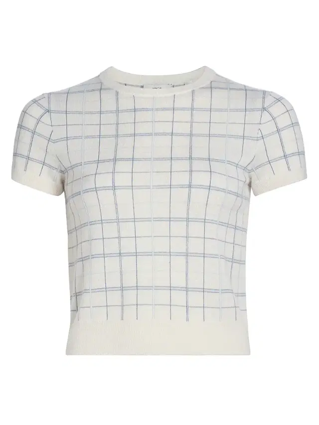Vince Women's Plaid Crewneck Short-Sleeve Sweater - Lagoon Combo