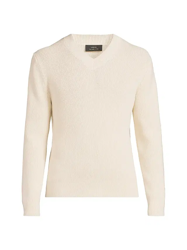 Vince Men's Rib-Knit Cotton-Blend V-Neck Sweater - Classic Cream