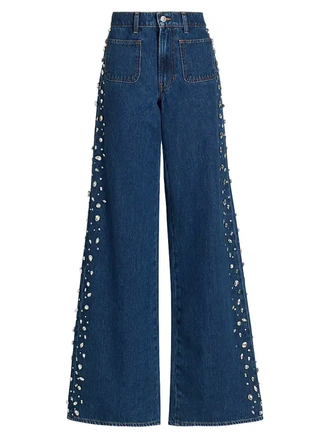 Veronica Beard Women's Kasey Embellished Denim Mid-Rise Wide-Leg Jeans - Stoned Bright Blue