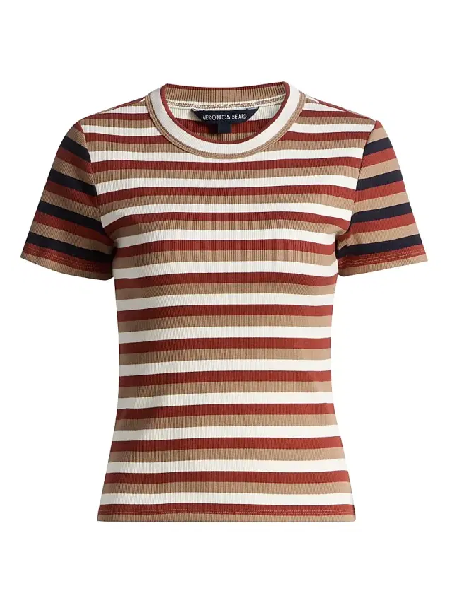 Veronica Beard Women's Pruitt Striped Stretch Cotton T-Shirt - Malt Red Oak Dove