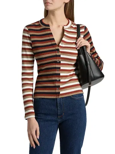 Veronica Beard Women's Dilia Striped Button-Front Top - Malt Navy Red Oak | Thumbnail 3