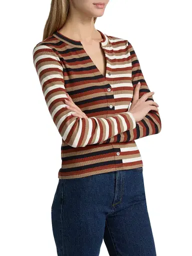 Veronica Beard Women's Dilia Striped Button-Front Top - Malt Navy Red Oak | Thumbnail 4