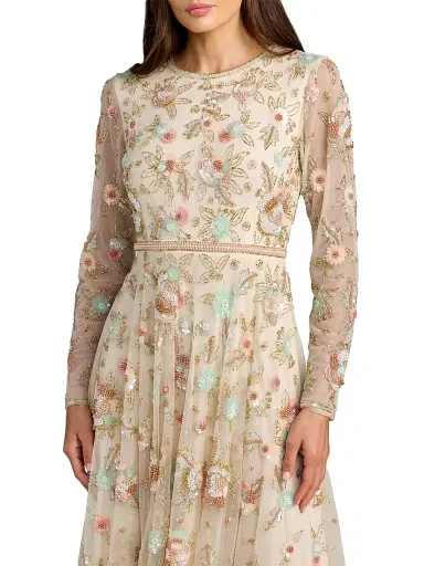 Mac Duggal Women's Floral Beaded Mesh Midi-Dress - Beige Multi - Size 16 | Thumbnail 3 Mac Duggal Women's Floral Beaded Mesh Midi-Dress - Beige Multi - Size 16 | Thumbnail 3