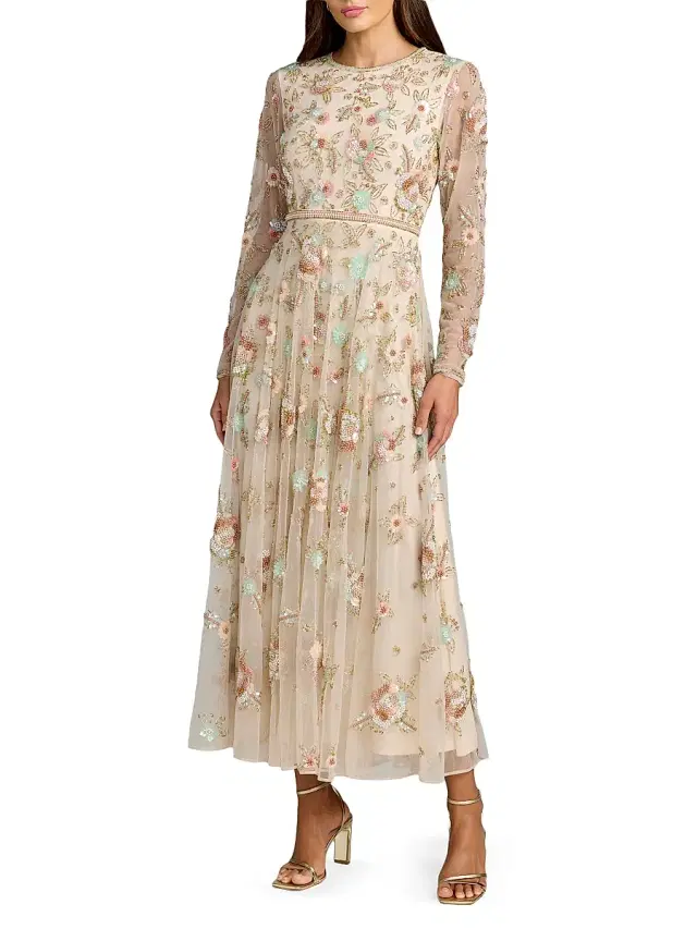 Mac Duggal Women's Floral Beaded Mesh Midi-Dress - Beige Multi