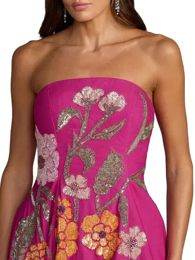 Mac Duggal Women's Floral Beaded Strapless A-Line Midi-Dress - Hot Pink Multi - Size 10 | Thumbnail 3