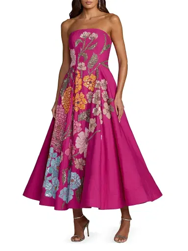 Mac Duggal Women's Floral Beaded Strapless A-Line Midi-Dress - Hot Pink Multi - Size 10 | Thumbnail 1