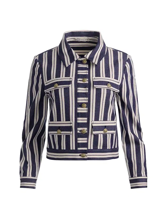 ALICE + OLIVIA Women's Alex Striped Boxy Jacket - Metro Stripe Twilight Blue