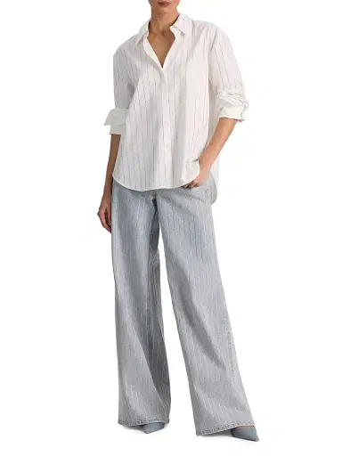 ALICE + OLIVIA Women's Rhinestone Pinstriped Oversized Button-Front Shirt - Off White Clear Crystal | Thumbnail 2