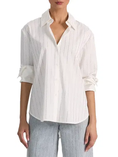 ALICE + OLIVIA Women's Rhinestone Pinstriped Oversized Button-Front Shirt - Off White Clear Crystal | Thumbnail 3