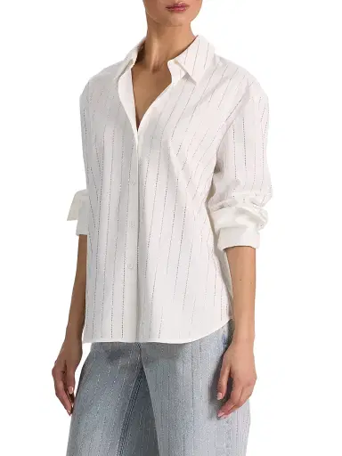 ALICE + OLIVIA Women's Rhinestone Pinstriped Oversized Button-Front Shirt - Off White Clear Crystal | Thumbnail 4