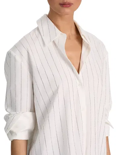 ALICE + OLIVIA Women's Rhinestone Pinstriped Oversized Button-Front Shirt - Off White Clear Crystal | Thumbnail 6
