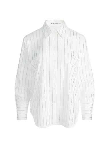 ALICE + OLIVIA Women's Rhinestone Pinstriped Oversized Button-Front Shirt - Off White Clear Crystal | Thumbnail 1