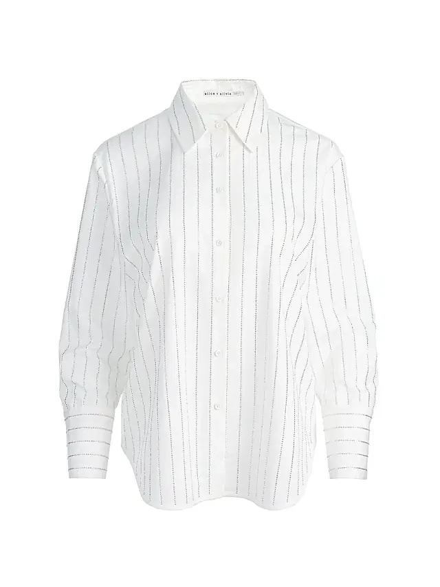 ALICE + OLIVIA Women's Rhinestone Pinstriped Oversized Button-Front Shirt - Off White Clear Crystal