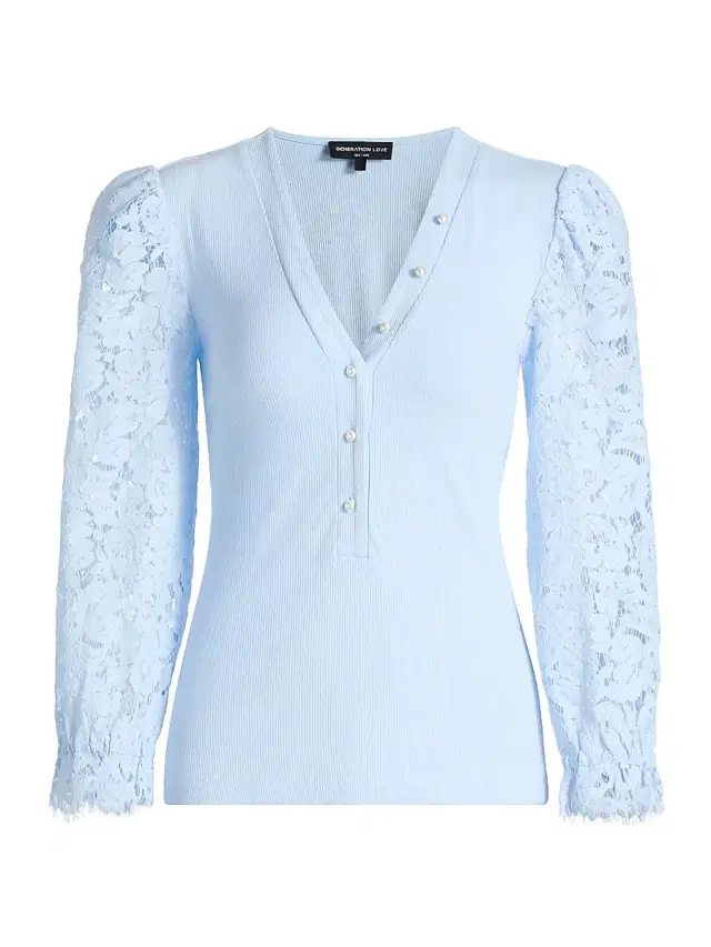 Generation Love Women's Mckenna Puff-Sleeve Lace Henley - Light Blue