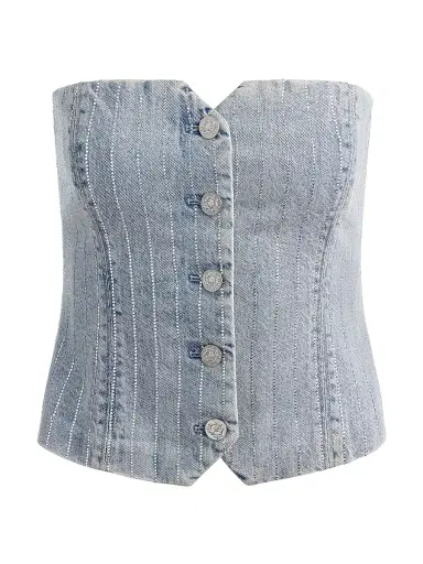 ALICE + OLIVIA Women's Kelcey Rhinestone Pinstriped Bustier Top - Rockstar Blue Clear Crystal | Thumbnail 1