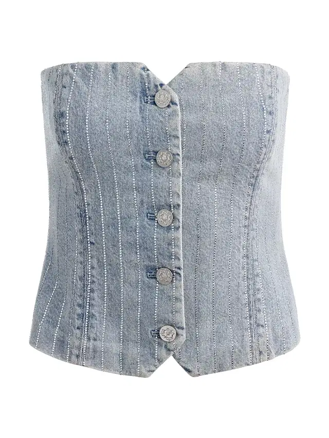 ALICE + OLIVIA Women's Kelcey Rhinestone Pinstriped Bustier Top - Rockstar Blue Clear Crystal