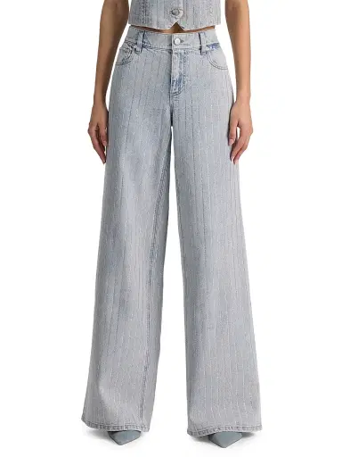 ALICE + OLIVIA Women's Embellished Wide-Leg Jeans - Rockstar Blue Clear Crystal | Thumbnail 3