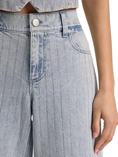 ALICE + OLIVIA Women's Embellished Wide-Leg Jeans - Rockstar Blue Clear Crystal | Thumbnail 6