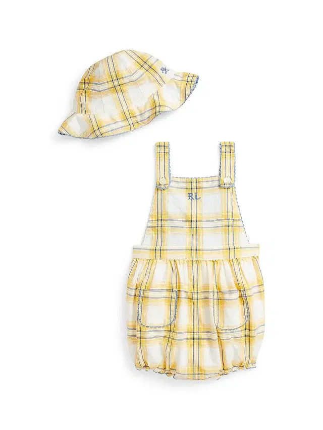 Polo Ralph Lauren Baby Girl's Gingham Shortall & Hat Set - Yellow 6 Months