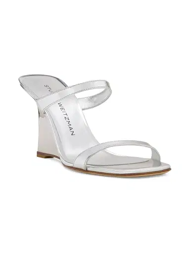 Stuart Weitzman Women's Vinnie 85MM Leather Wedge Sandals - Silver - Size 9.5 | Thumbnail 2