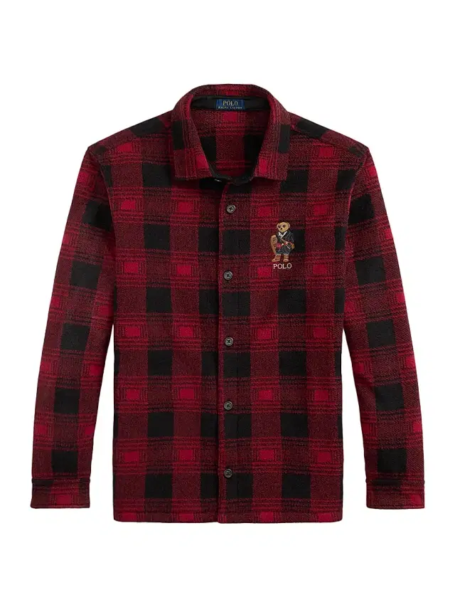 Polo Ralph Lauren Men's Polo Bear Plaid Fleece Shirt Jacket - Red