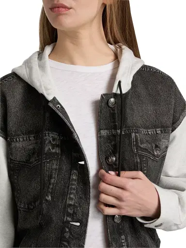 rag & bone Women's rb Miramar Terry Combo Hooded Trucker Jacket - Sport Combo Washed Black | Thumbnail 6