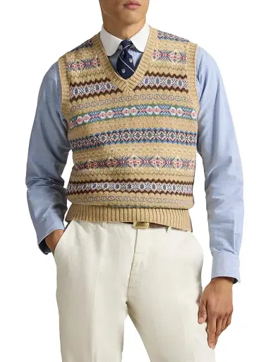 Polo Ralph Lauren Men's Patterned Cotton-Wool Sleeveless Sweater - Tan Multi - Size XXL | Thumbnail 3 Polo Ralph Lauren Men's Patterned Cotton-Wool Sleeveless Sweater - Tan Multi - Size XXL | Thumbnail 3