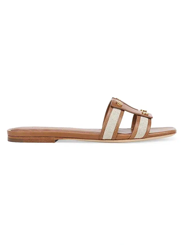 Veronica Beard Women's Via Leather-Denim Flat Sandals - Honey Natural