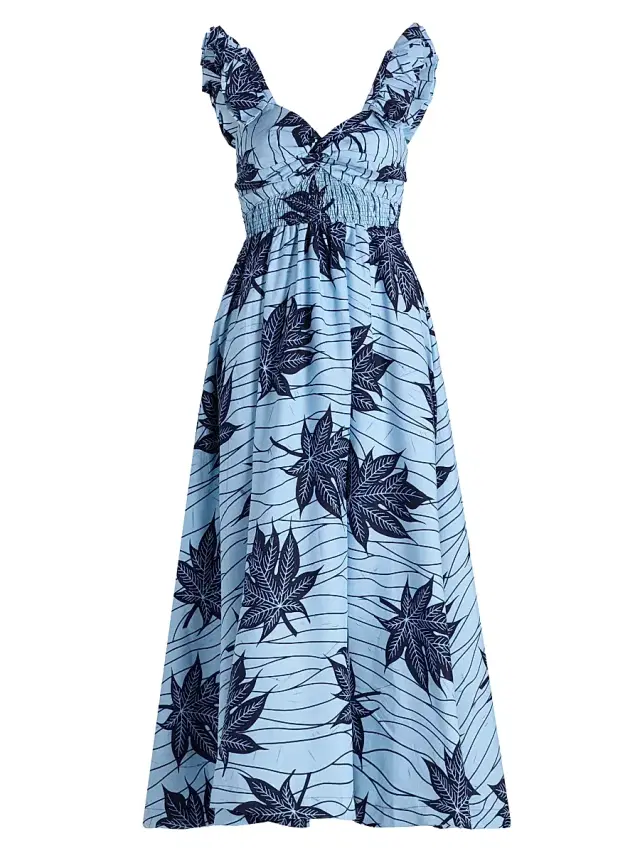 Elisamama Women's Ibukun Botanical-Print Cotton A-Line Midi-Dress