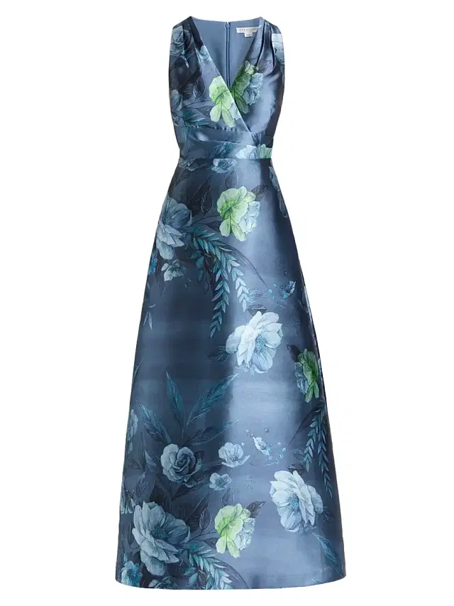 Kay Unger Women's Rosalind Rose Bouquet Mikado Gown - Teal Blue